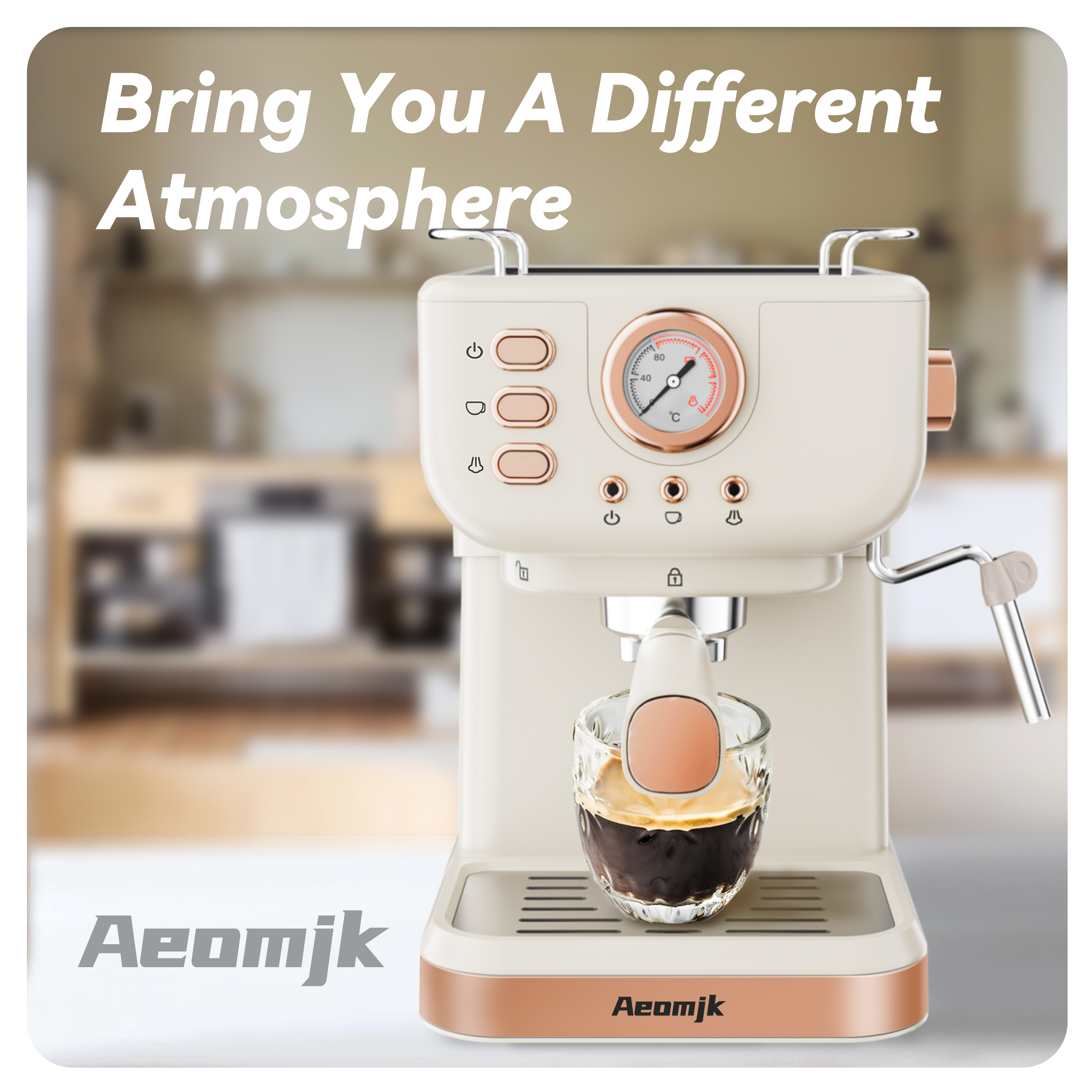 Aeomjk イタリア式コーヒーマシン ワンタッチ操作 温度計付き 半自動コーヒーメーカー 1.5L水タンク エスプレッソ/ラテ/カプチーノが作れる