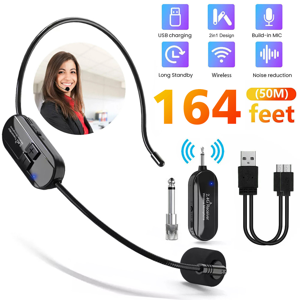 ワイヤレスヘッドセットマイクキット 2.4G 音声アンプスピーカー用送信機と受信機付き ステージガイドの指導に最適