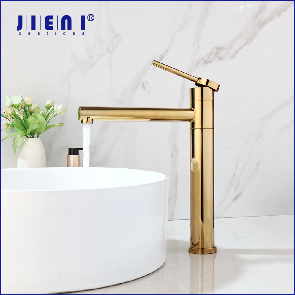 JIENI 浴室の洗面台の蛇口容器シンクミキサーデッキマウントロングスパウトゴールドメッキ