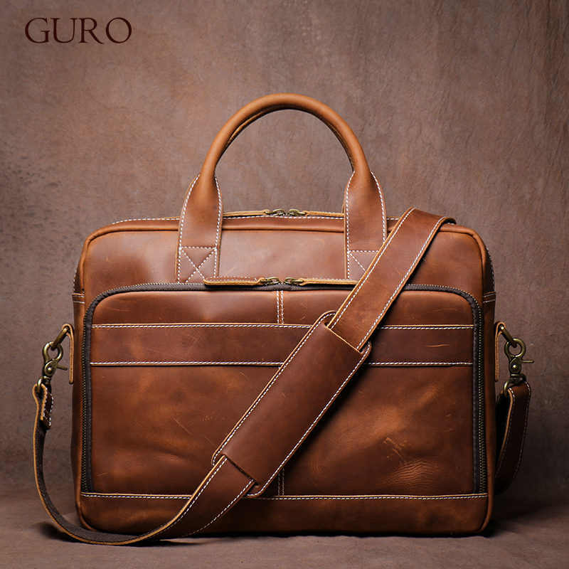 GURO メンズ トップ 牛革 エグゼクティブ ブリーフケース 高品質ハンドバッグ ヴィンテージ クロスボディ 高級ショルダーバッグ ビジネス オフィス 16 インチ ラップトップ