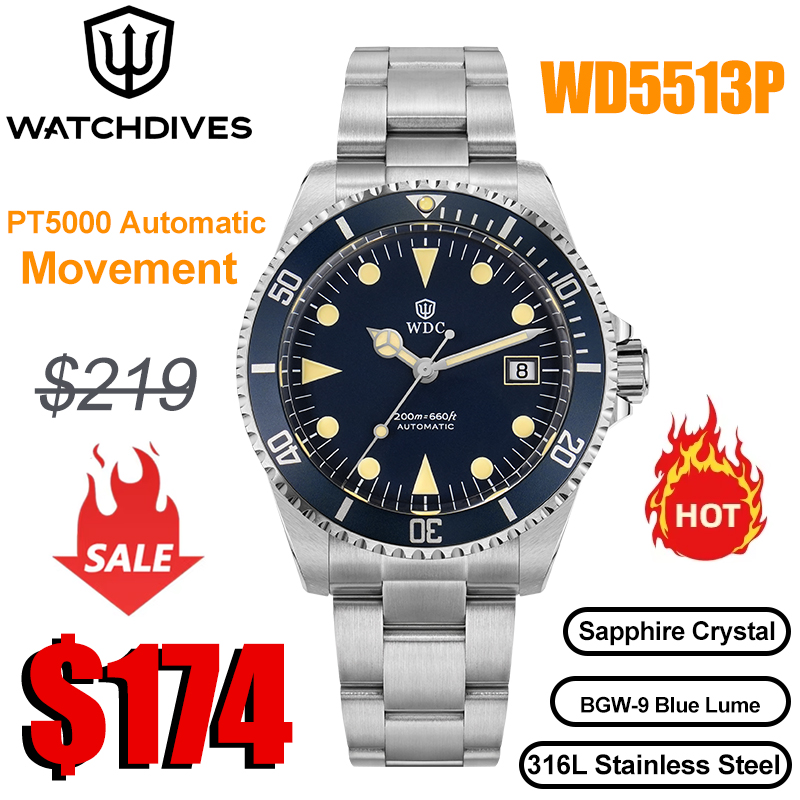 Watchdives WD5513P 男性ダイブウォッチサファイアクリスタル PT5000 ムーブメント自動機械式発光防水 200 メートル腕時計