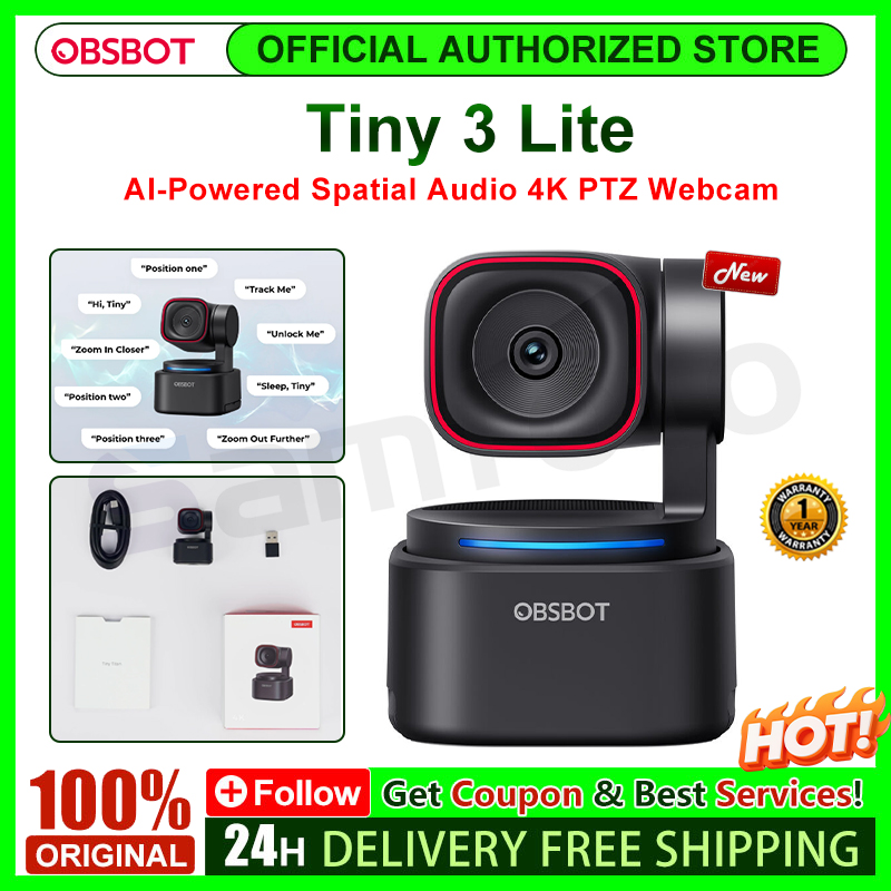 OBSBOT Tiny 3 Lite AI 搭載空間オーディオ 4K ウェブカメラ - AI トラッキング PTZ カメラ、1/2 インチセンサー、トライマイク、音声コントロール、120FPS 付き