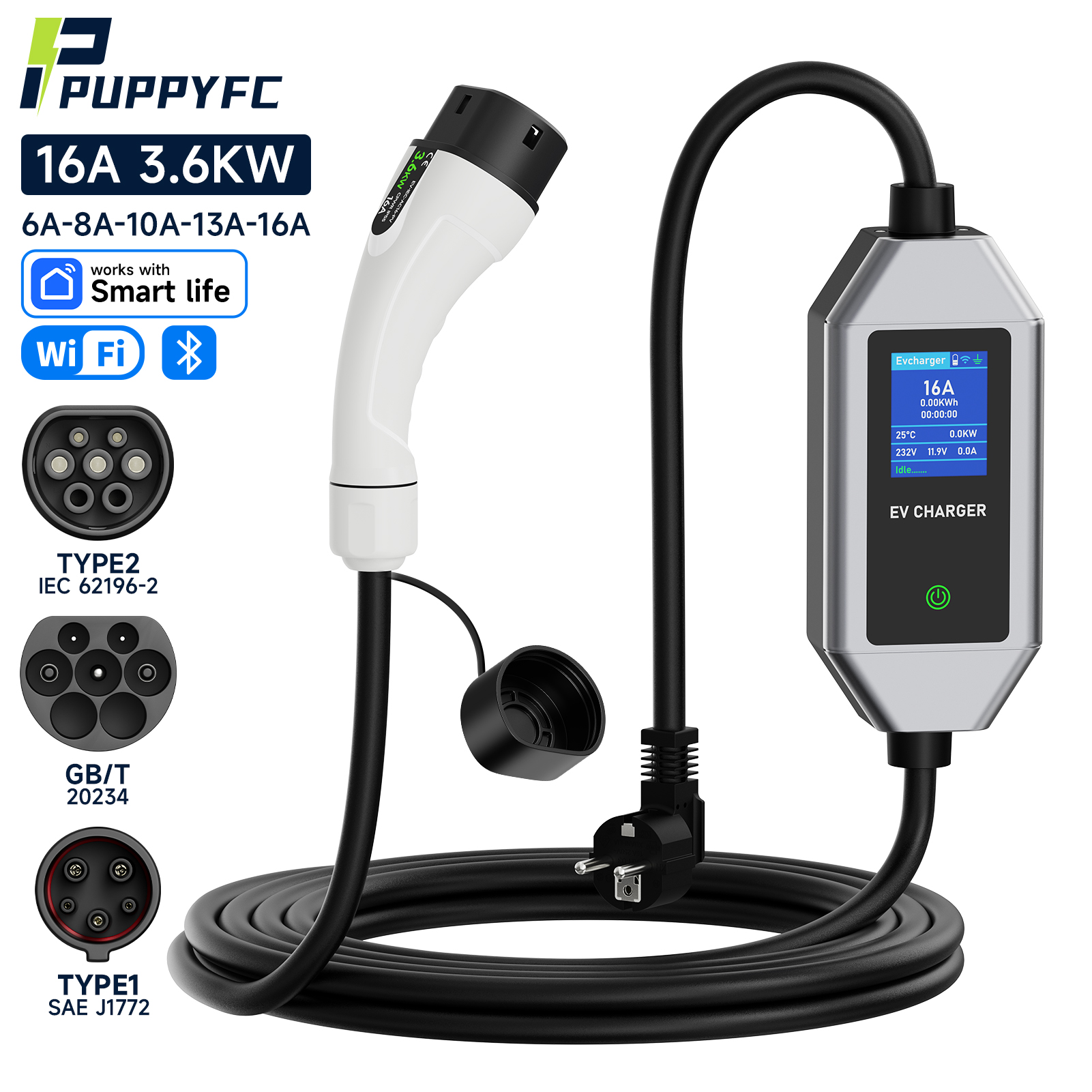 Puppyfc ポータブル EV 充電器 3.6KW 電気自動車充電器 Type2/Type1 EVSE 高速充電 GBT ウォールボックス WiFi APP Bluetooth 制御