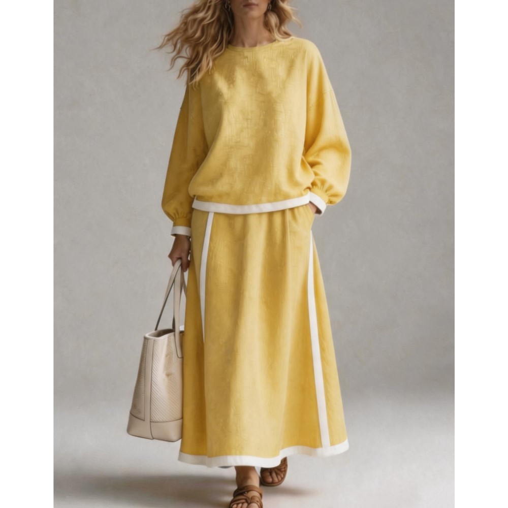 Women's Autumn New Patchwork O Neck Long-sleeved Sweatshirt Half Suit Fashion Casual Loose Pocket Skirt 2-piece Set Female 2026