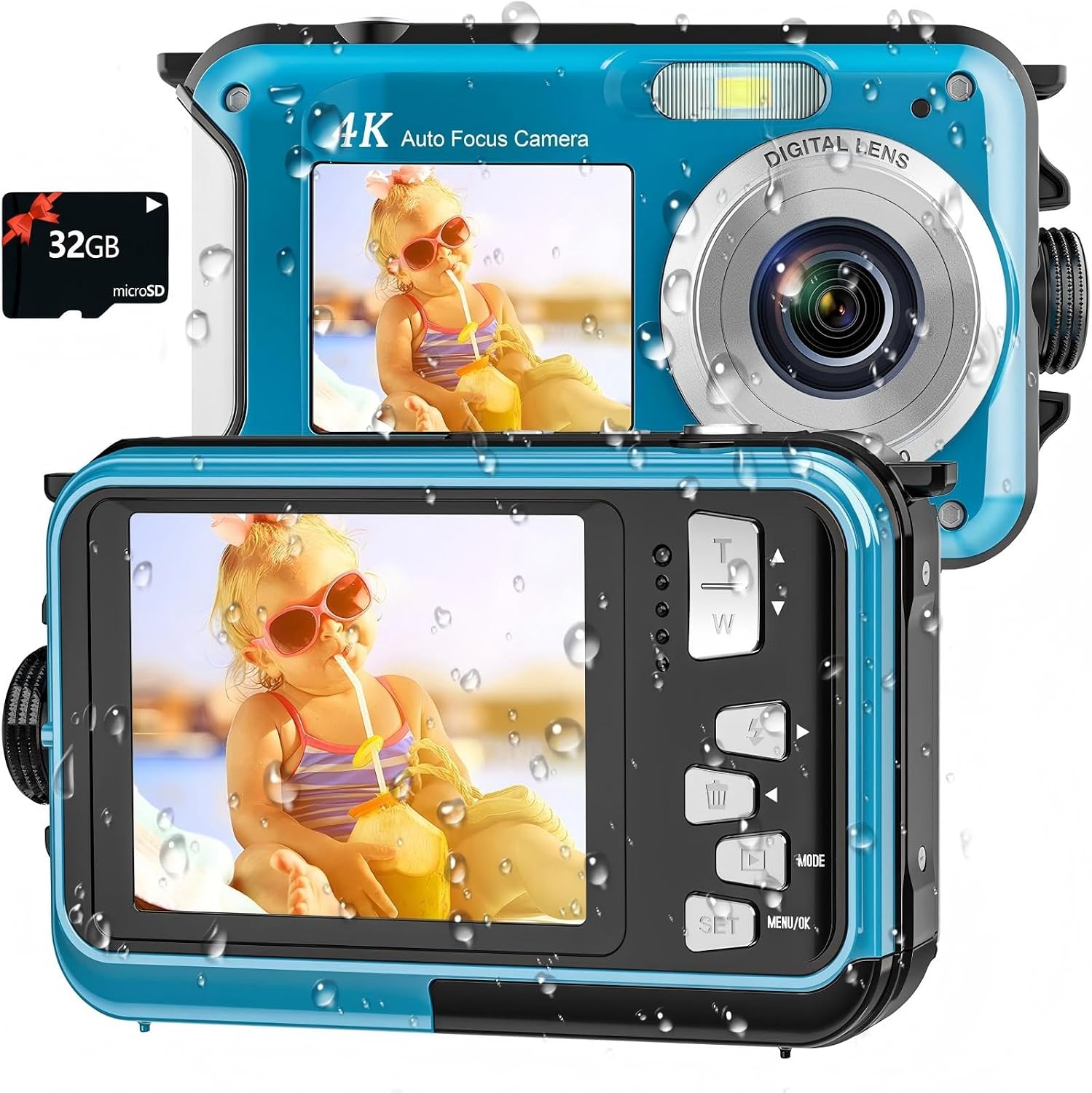 4K 水中カメラ 16FT 防水 64MP オートフォーカス デュアルスクリーン Selfie カメラ 32GB カード、1250mAh バッテリー、Type-C 付き
