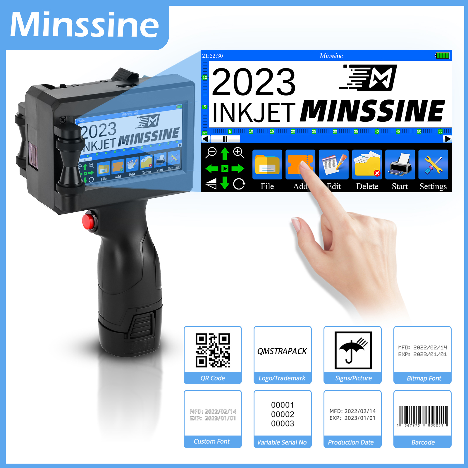 ポータブル 12.7 ミリメートルハンドヘルドインクジェットプリンタ QR バーコードバッチ番号ロゴ有効期限ラベルプリンタガン 25 言語非暗号化