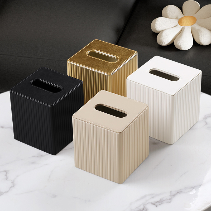 Square Striped Leather Tissue Box | Minimalist Luxury Napkin Holder | Hotel Restaurant Tissue Dispenser Bedroom & Home