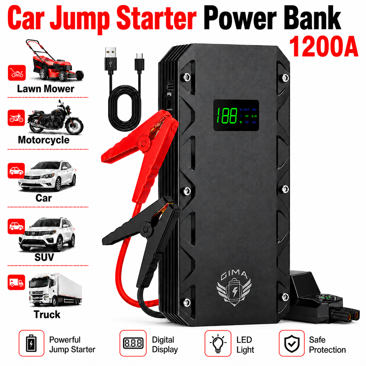 カーバッテリースターター 1200A 超強力ジャンプスターター、大容量パワーバンク、12V 超高速カーバッテリーブースター、緊急パワーバンク、LED 懐中電灯、USB 出力、ガス用ヘビーデューティ