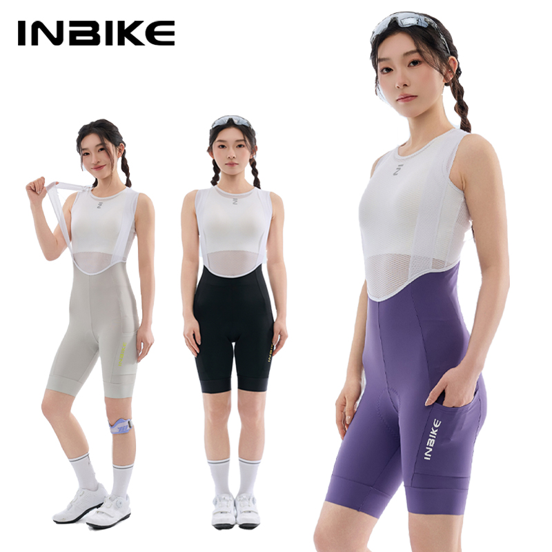 INBIKE レディース プロフェッショナル サイクリング ビブショーツ 通気性 快適 衝撃吸収 サマー ロードバイク ショーツ パンツ サイドポケット付き