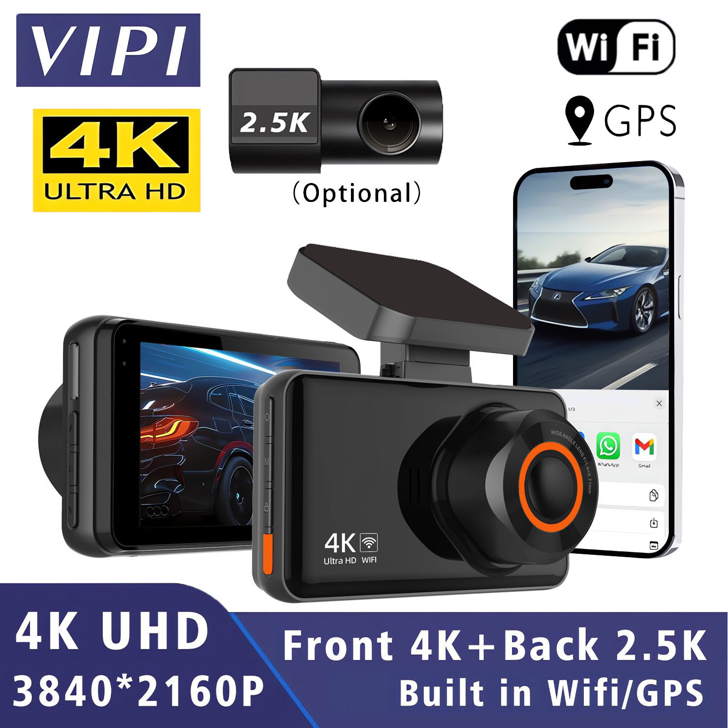 UHD 4K 2.5K 車 DVR WIFI GPS ミニダッシュカムカメラデュアルレンズダッシュカムレジストラブラックボックスビデオドライブレコーダー WDR ナイトビジョン