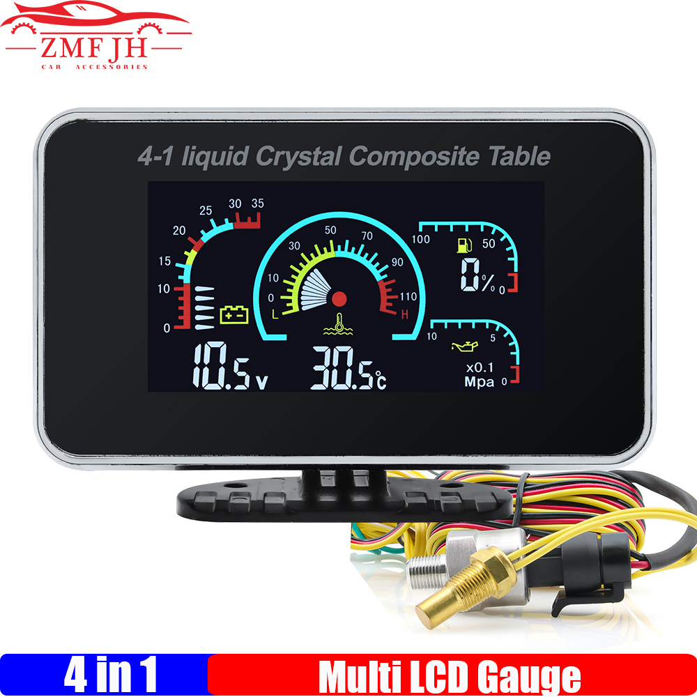 4 で 1 LCD ゲージ水温油圧燃料レベルゲージ電圧計センサー 1/8NPT ユニバーサルトラック車 12V 24V