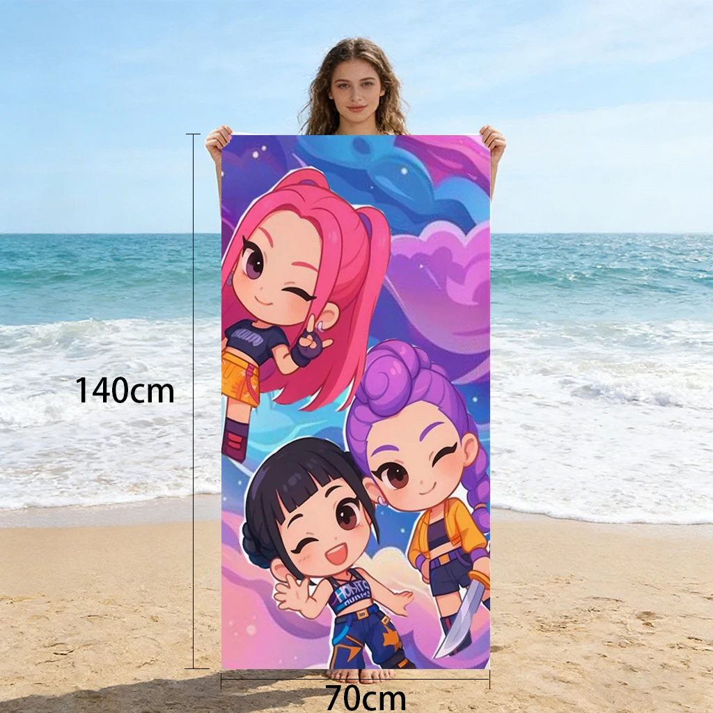 1pc かわいいちび女の子ビーチタオルピンクパープル漫画速乾マイクロファイバーバスタオル水泳サーフィンキャンプユニセックスホリデー