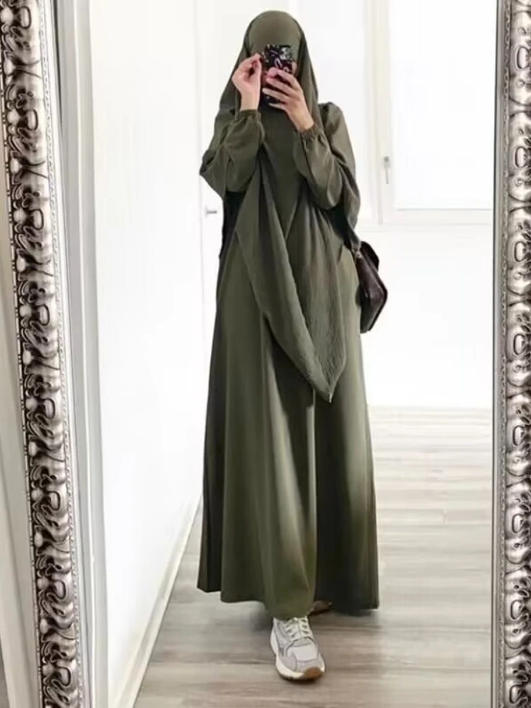 イードイスラム教徒の女性のロングキマール祈りの衣服 2 点セットアバヤドレスとヒジャブフルカバーイスラムラマダンカフタンジェラバジルバブ