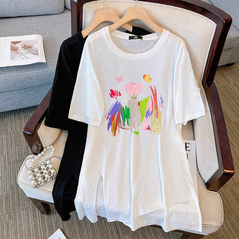150 キロプラスサイズの女性のバスト 153 夏プリント半袖 Tシャツ甘いシンプルなルーズトップブラックホワイト 5XL 6XL 7XL 8XL 9XL