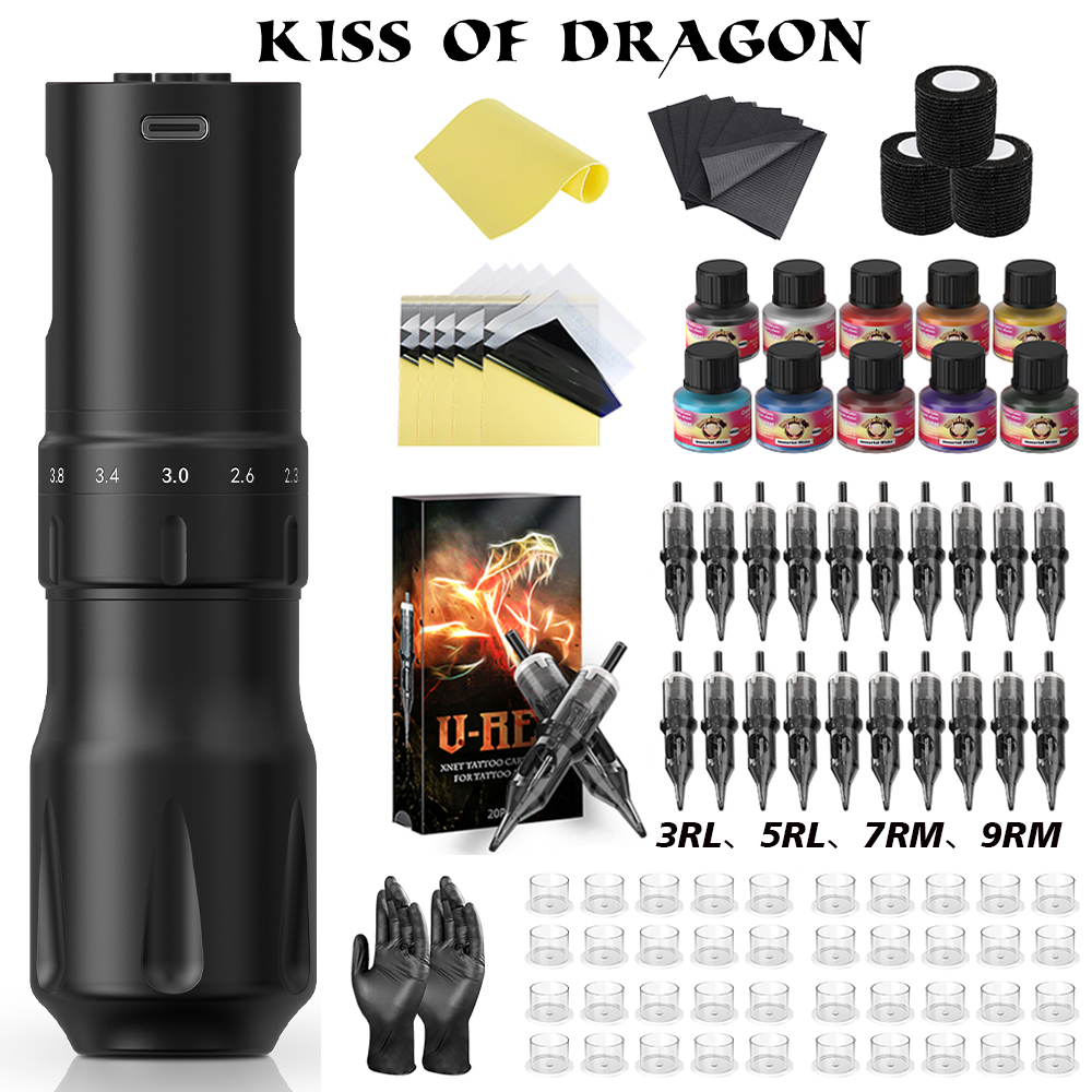 Tattoo Kit  Kiss Of Dragon Tattoo Machine Kit Permanent Makeup Tattoo Machine Kit Adjustable Stroke Tattoo Pen Complete Kit