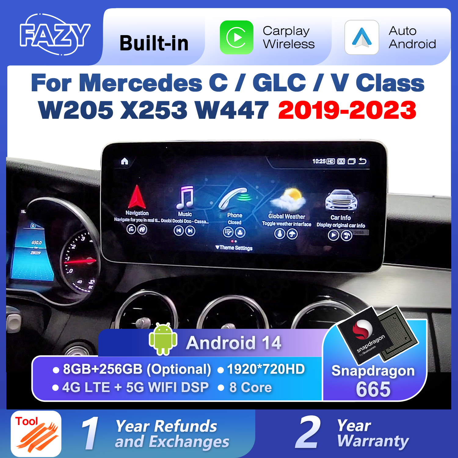 アンドロイド 14 Carplay 自動ラジオタッチスクリーンメルセデス C GLC V W205 X253 W447 NTG 5.5 6.0 2019-2023 スマートカーシステムヘッドユニット