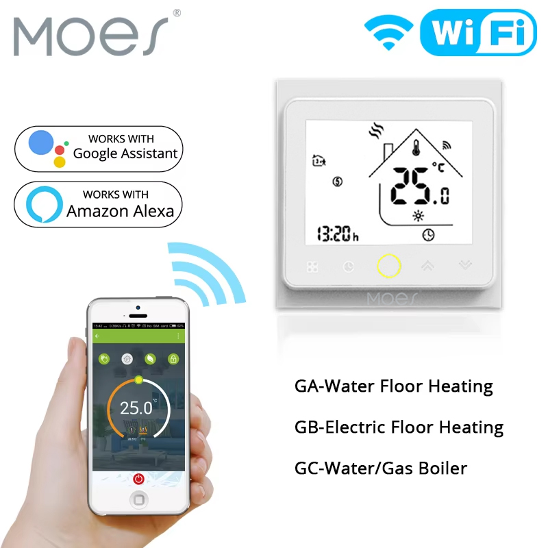 Moes WiFi スマート サーモスタット温度コントローラー、水/電気床暖房ガスボイラー制御用、Alexa Google Home 付き