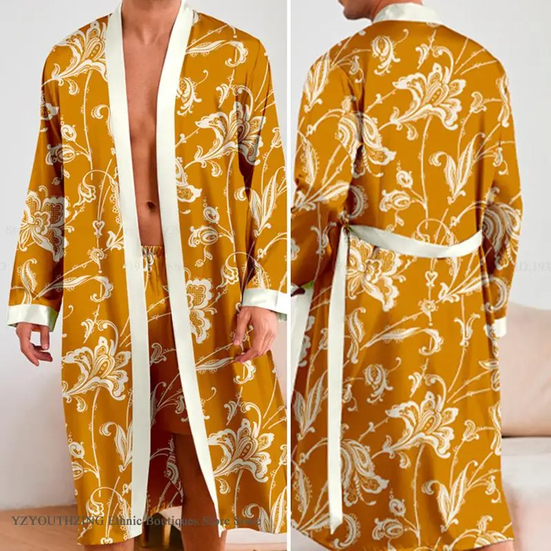 男性ロングローブパジャマセットプリント花着物バスローブガウン春夏ホーム服パジャマルーズカジュアルサテン部屋着