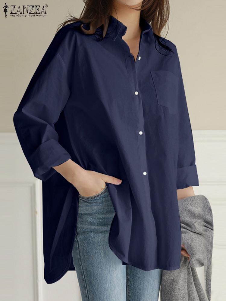 ZANZEA 女性ファッションコットンシャツ 2025 秋長袖ヴィンテージチュニックトップ無地エレガントなブラウスカジュアル Irgular 裾 Blusas