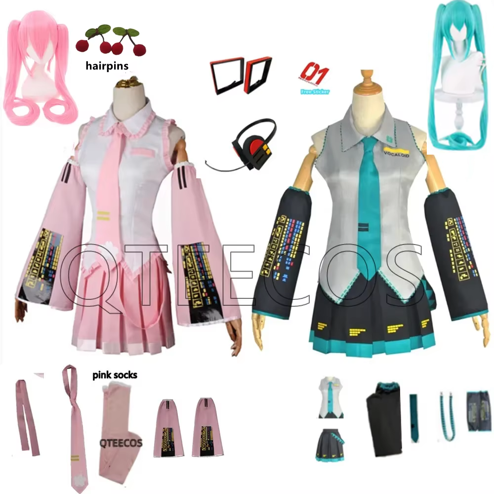 bilibili ミクコスプレ衣装ミディドレストップスカートセットアニメハロウィンカーニバルパーティードレス送料ピンクソックス