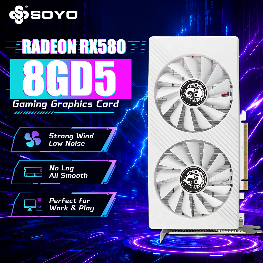 SOYO AMD Radeon RX580 8G DDR5 グラフィックカード 6ピン 256ビット ビデオカード HDMI+DP+DVI 2048sp 14NM PCゲーミングデスクトップコンピュータコンポーネント PCIE3.0*16