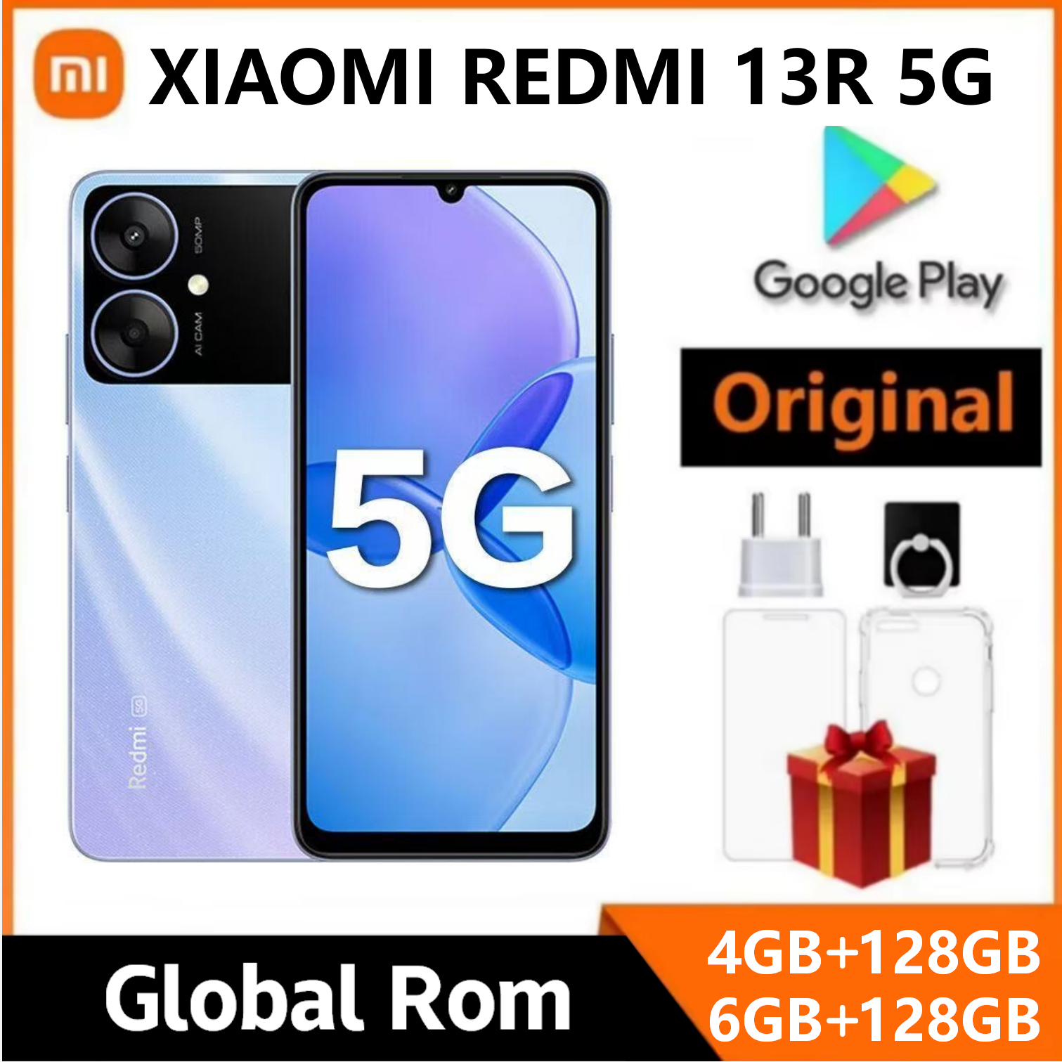 オリジナル Redmi 13R 5G 4GB/6GB 128GB スマートフォン 5000mAh 寸法 6100 6.74 "超大型ディスプレイ 50MP 5MP AI カメラ 18 ワットバッテリー