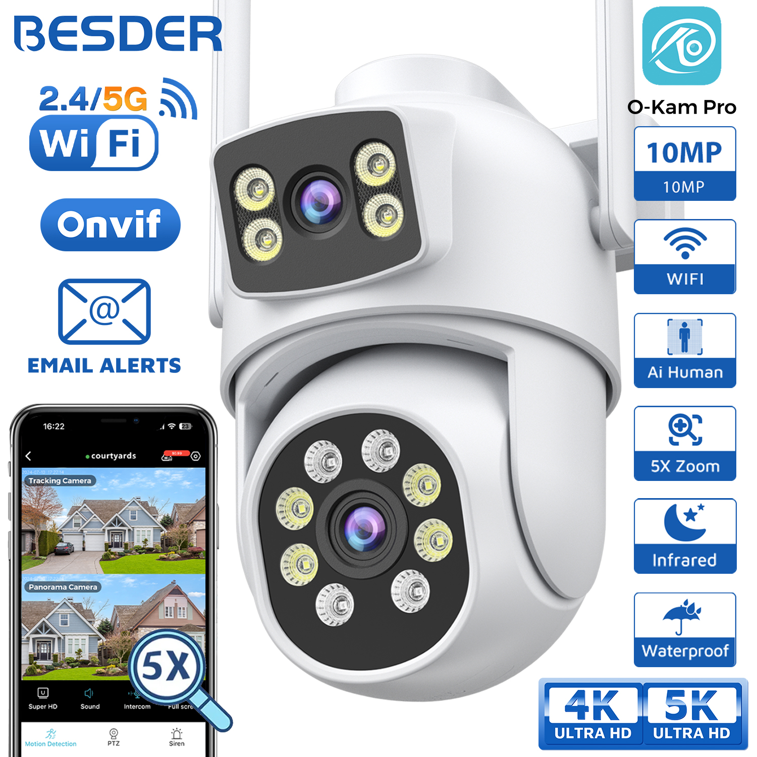 BESDER 8MP IP カメラ Wifi 4K デュアル Len 屋外自動追跡ナイトビジョン 5G HZ Wifi CCTV 監視カメラセキュリティ保護