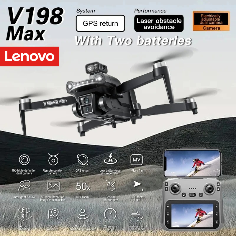Lenovo V198Max GPS ドローン 4K プロフェッショナル 8K HD 2 カメラ ブラシレスモーター 5G WIFI FPV RC Quadcopter ヘリコプター スクリーンおもちゃ付き