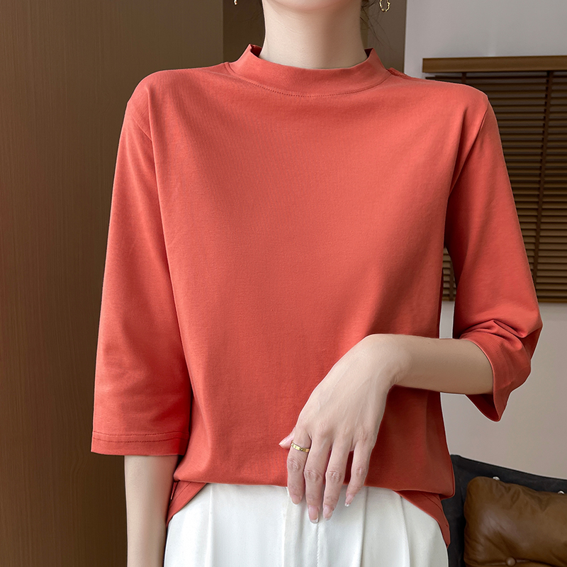 夏と秋の新綿 100% Tシャツ女性のセミハイネッククロップドスリーブルーズソリッドカラー底入れトップ
