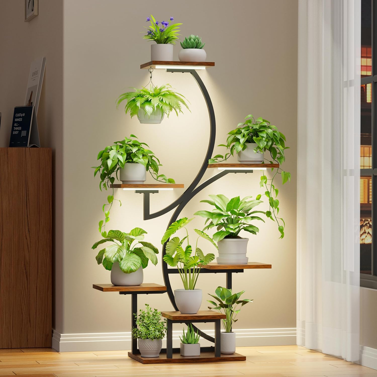 7段植物スタンド 成長ライト付き 屋内植物用コーナーシェルフ 背の高いS字型ディスプレイラック ブラック