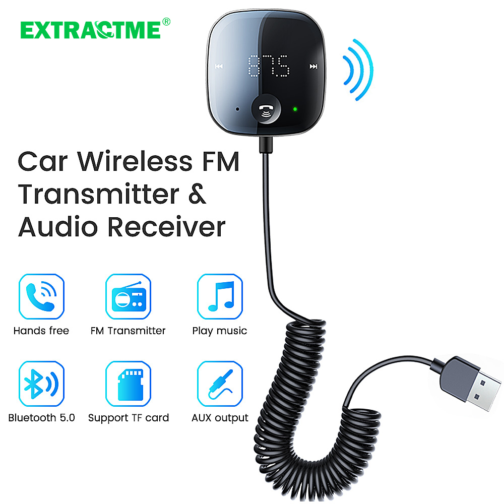 Extractme Bluetooth レシーバー FM モジュレーター カーアダプター トランスミッター Bluetooth 5.0 ワイヤレス Aux オーディオ FM トランスミッター ハンズフリー キット