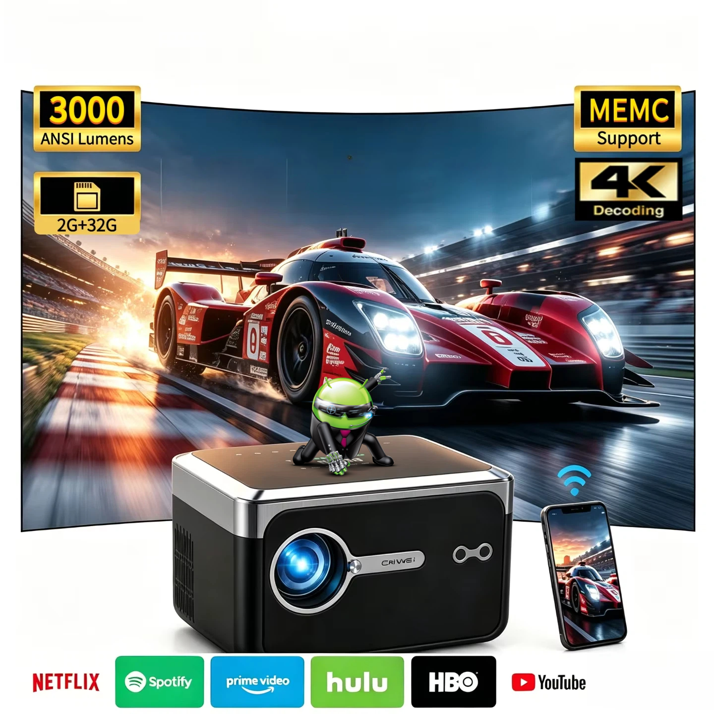 3000Ansi 4K フル HD プロジェクター ポータブル オートフォーカス WiFi Bluetooth Android Samrt TV ネイティブ 1080P ホームシアター ビームプロジェクター 2026