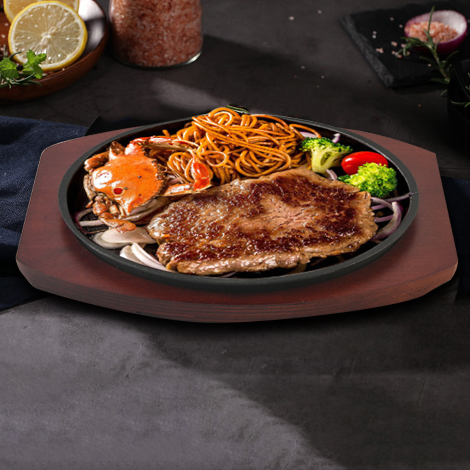 鋳鉄ステーキプレート ノンスティック 木製ベース付き 焼けるようなグリドルステーキパン 多目的 家庭用 レストラン サービングキッチン用