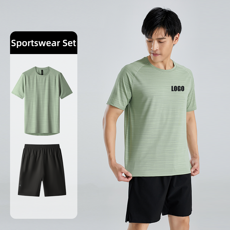 フィットネス服男性アイスシルク速乾性スポーツウェアスーツ半袖スポーツランニングトラックスーツジムトレーニングセット