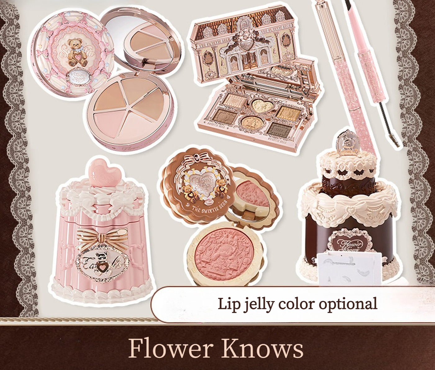 Flower Knows Sweetheart Bear クッキー ブラッシュ リップ フリーズ アイブロウ ペンシル コンシーラー 化粧品セット