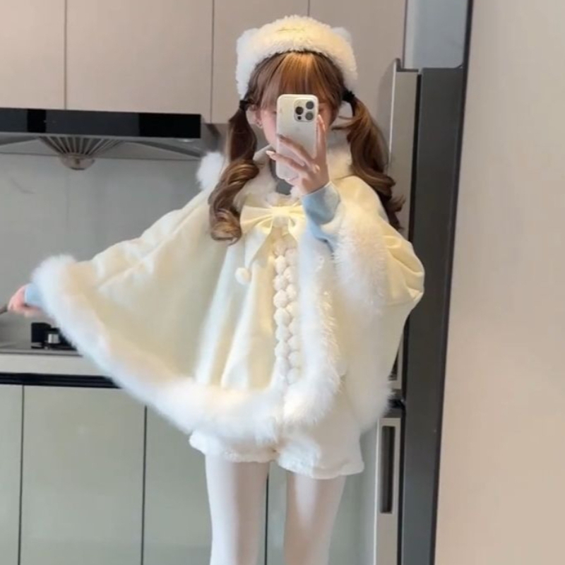 2026 日本のロリータスタイルウールフード付きマントジャケット女性 Y2k 美的豪華なパッチワークコート原宿甘い弓ルーズジャケット