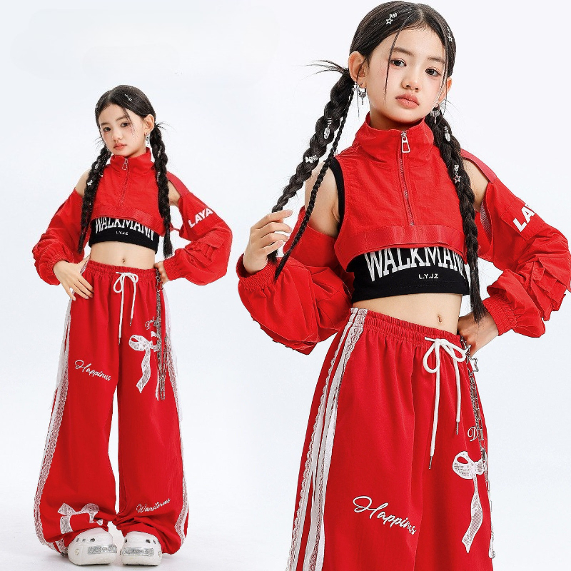 新しい女の子 Kpop ストリート ダンス パフォーマンスの服セット ヒップホップ赤トップスだぶだぶのパンツ衣装グループ モダン ダンス衣装ステージ着用