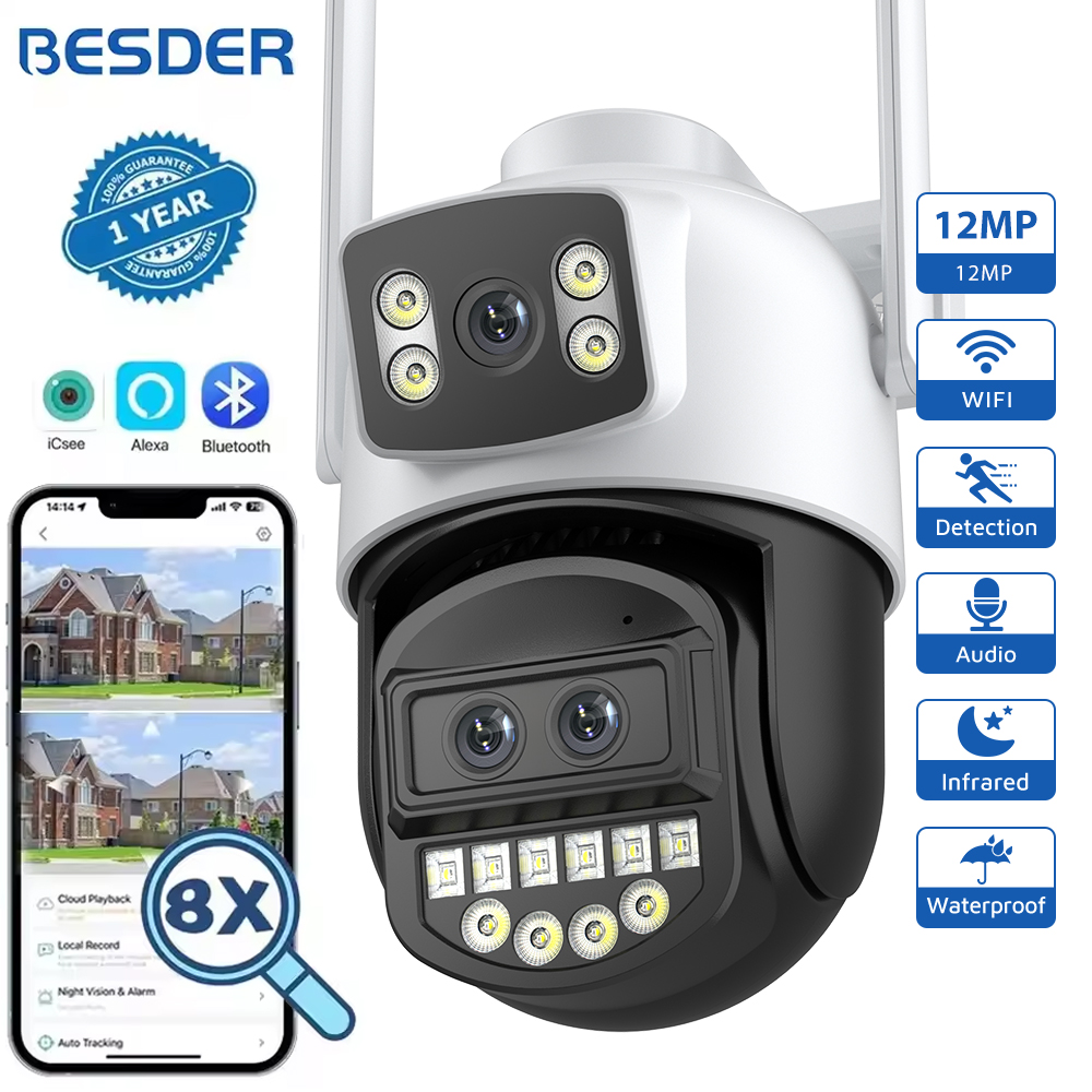 BESDER 12MP 6K PTZ Wifi カメラデュアルレンズ 8X デジタルズーム AI 人体検出屋外 8MP CCTV IP カメラセキュリティ保護 iCSee
