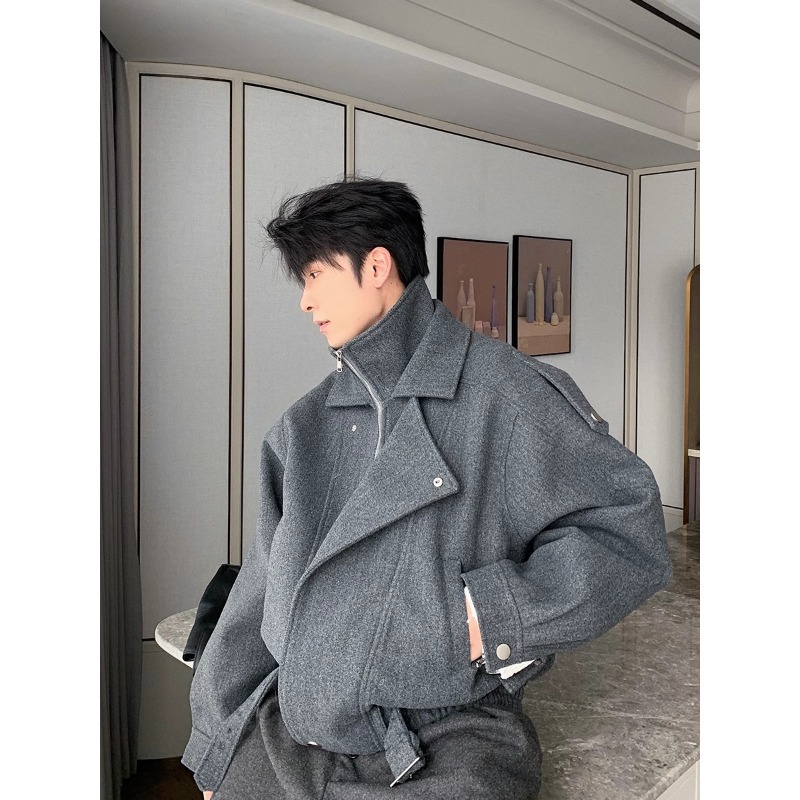 春秋ウールショートジャケットデザイン感覚男性女性スタイルジッパー閉鎖長袖ストレートヘムライン