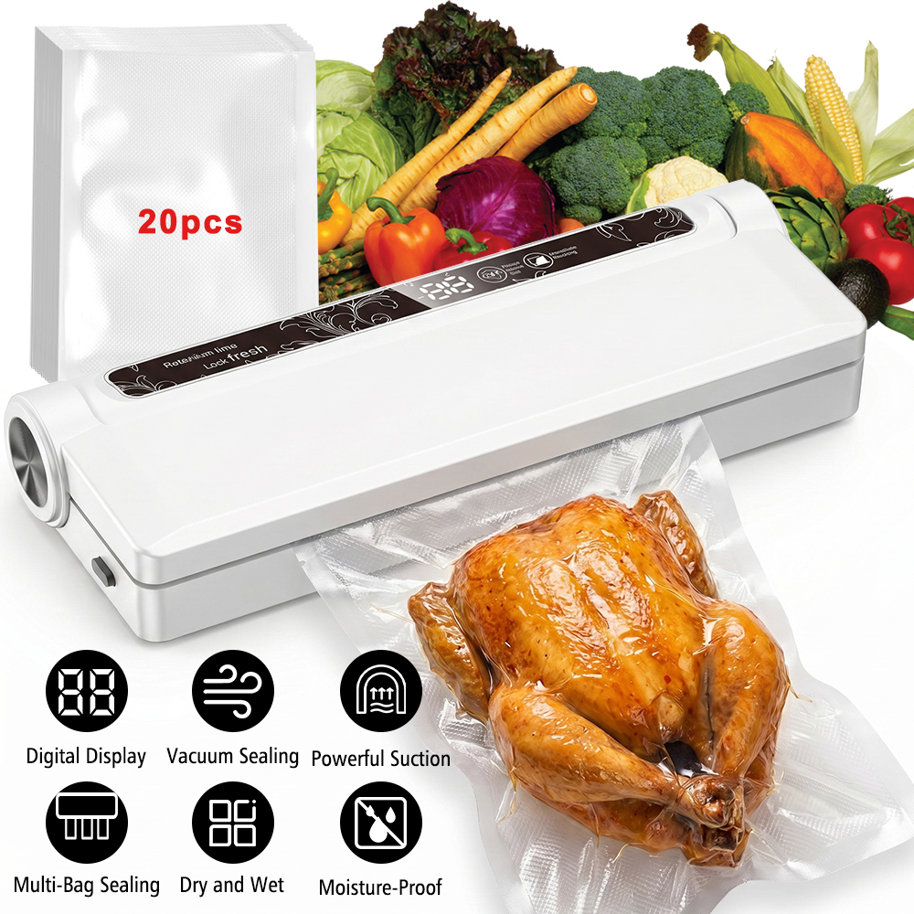 120W High Power Vacuum Sealer 95KPA Strong Suction Digital Countdown Dry & Wet Food Sealer Machine with 20pcs Bags for Home Refrigerator Sous Vide Cooking