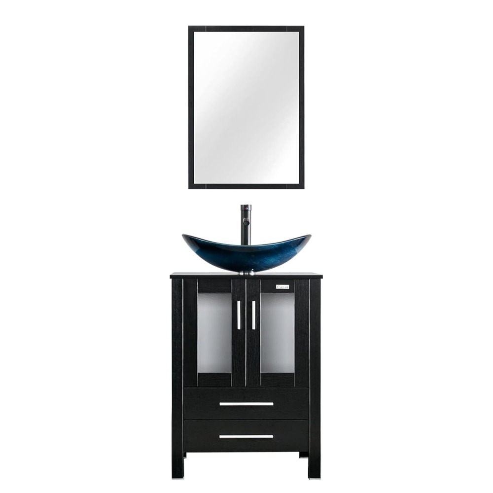 24インチモダンなバスルームバニティシンクコンボ自立キャビネット、ソフトクロージングドア付き、ブルーボートガラス容器シンク、カスタマイズ