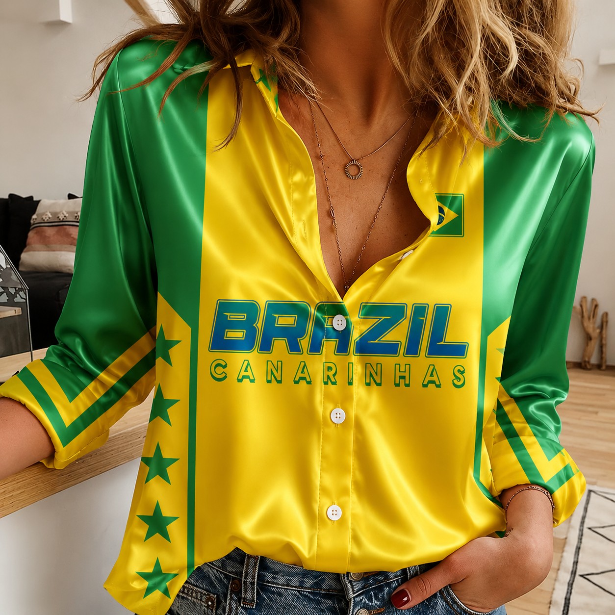 ブラジリアンプリントシルキーボタンカジュアルシャツ女性のサテン長袖シャツエスニックスタイル休暇ストリートファッションアイテム