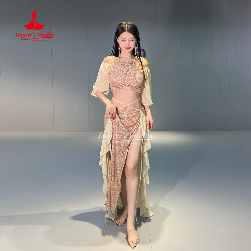 ベリーダンス衣装セット女性半袖トップ分割ロングスカート 2 個オリエンタルプロフェッショナルセットベリーダンスの摩耗衣装