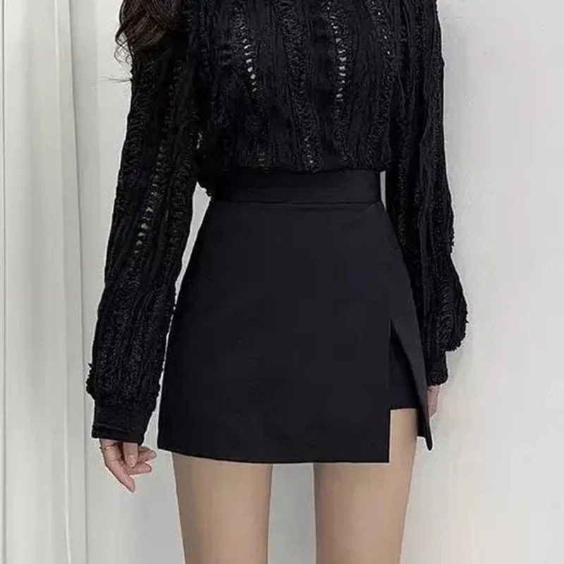 黒ミニスカート女性不規則なサイドスリットハイウエスト A ラインショーツスカート夏の韓国のファッションシックなヒップラップスカート女性