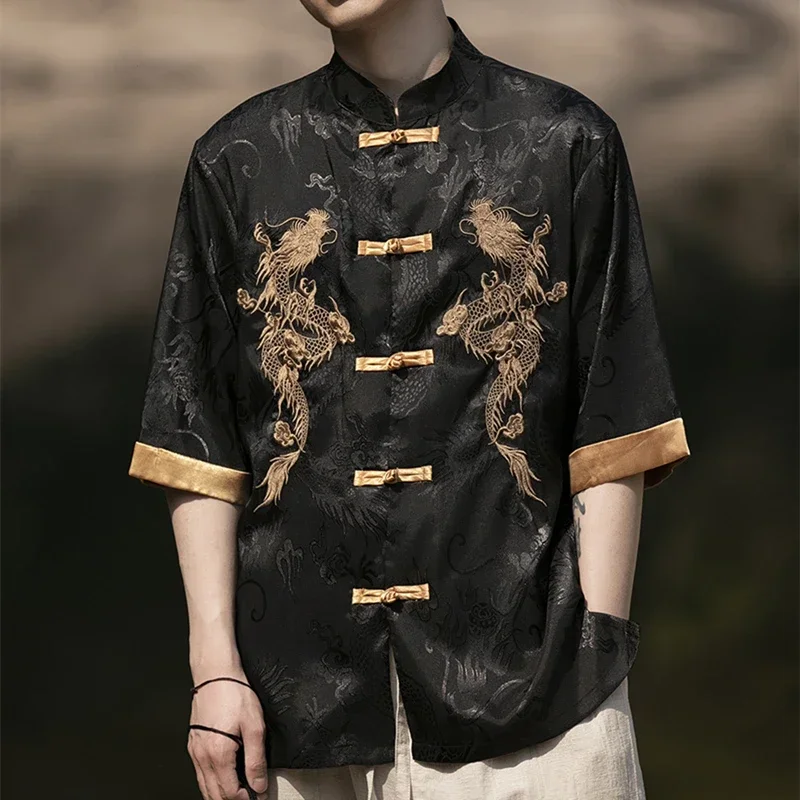 高品質の夏の中国の伝統的なドレスドラゴン刺繍シャツ男性服アイスシルク半袖ヴィンテージトップスプラスサイズ