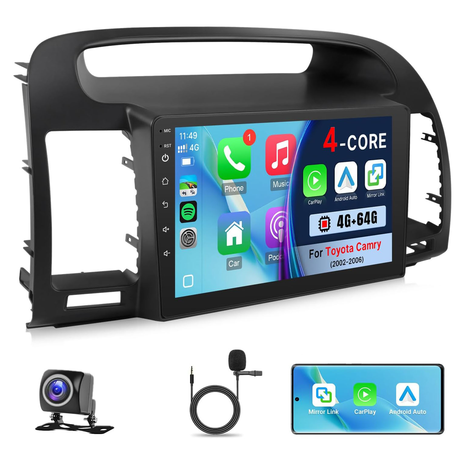 4 64 Android 12 カーラジオステレオ トヨタ カムリ 2002 2003 2004 2005 2006 (非 J.B.L バージョン)、Apple Carplay 付きカムリヘッドユニット用 9 インチタッチスクリーン、Android Auto、ミラーリンク、GPS、FM