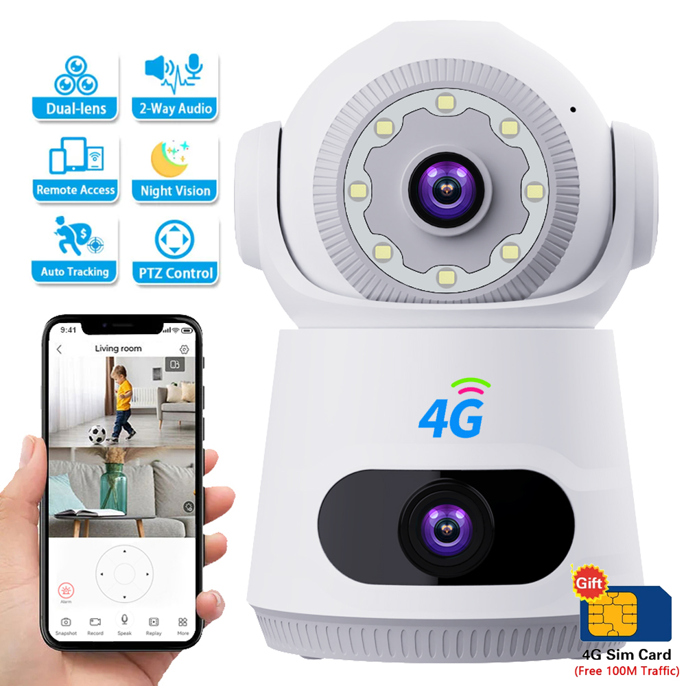 Simカード付き4Gカメラ8MP 4Kデュアルレンズデュアルスクリーン双方向オーディオ屋内ベビーモニターIPカメラCCTV監視ホームセキュリティ