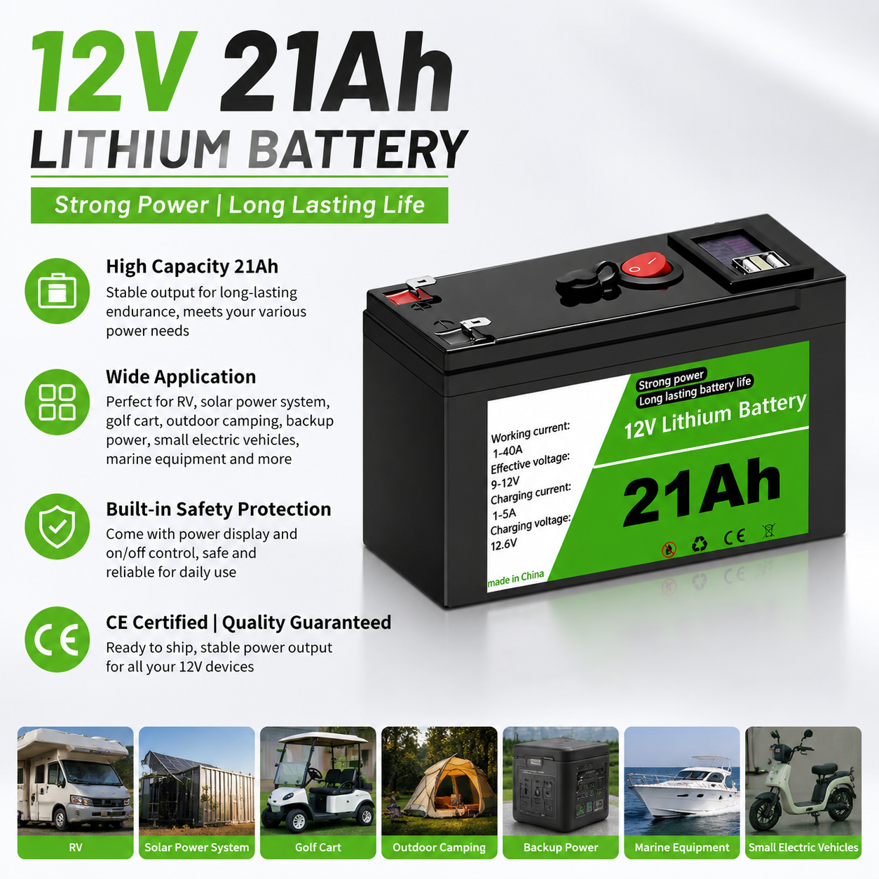 ソーラープロジェクト RV キャンプ、マリンボート、オフグリッド家庭用 BMS 内蔵 12V 21Ah エネルギー貯蔵充電式バッテリー