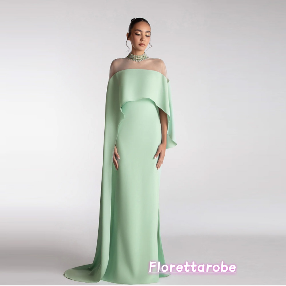 Florettarobe ミントグリーンのイブニングドレス ケープ ビーズネック フォーマルガウン ラップ付き エレガント ロング メットガラ Vestidos カスタマイズ