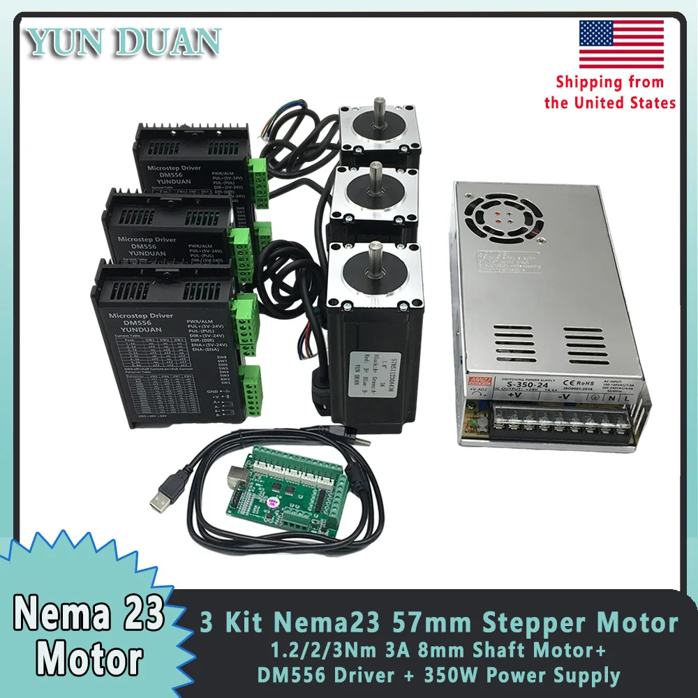 3 キット Nema23 ステッピングモーター 1.2/2/3Nm 3A 8 ミリメートルシャフト DM556 ドライバー 350 ワット電源 USB Mach3 カード CNC 彫刻機用